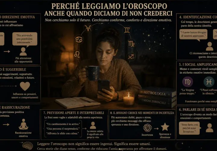 Donna con tazza e telefono, circondata da simboli zodiacali. Cerca conferme, conforto e direzione emotiva, segnali che una persona ti pensa intensamente.