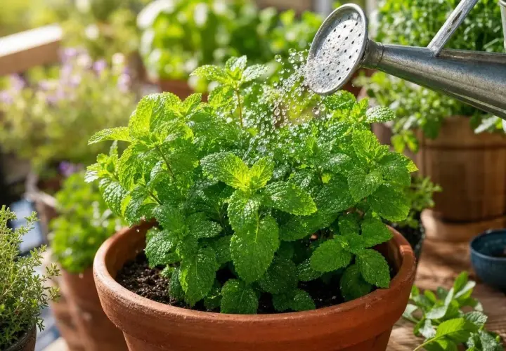 Arrosage d'une plante de menthe en pot, essentiel pour sa taille et son entretien. Les feuilles vertes brillent sous les gouttes d'eau.