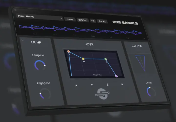 Interface d'un vst batterie gratuit, avec courbes ADSR, filtres LP/HP et réglages stéréo.
