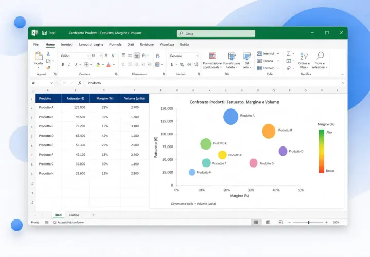 Grafico a bolle Excel che confronta fatturato, margine e volume dei prodotti. Le bolle rappresentano i prodotti, la loro dimensione il volume.