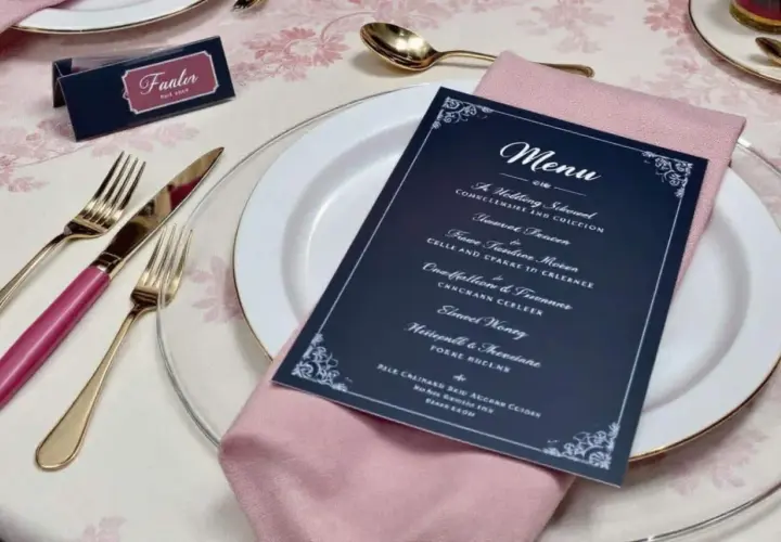 Une table dressée pour un mariage, avec une carte de menu originale, des couverts dorés et une serviette rose.