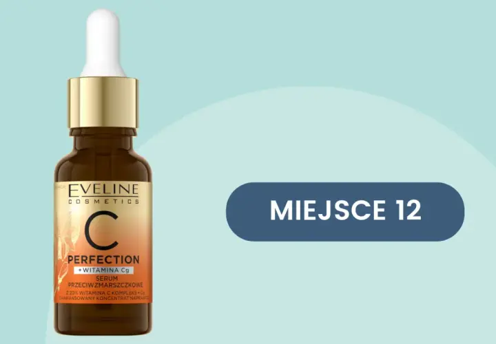 Serum Eveline Perfection z witaminą Cg, jeden z rodzajów witaminy C, w buteleczce z pipetą. MIEJSCE 12.