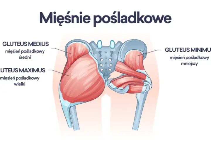 Anatomia mięśnia pośladkowego: wielki, średni i mniejszy. Ilustracja pokazuje położenie tych mięśni w miednicy.