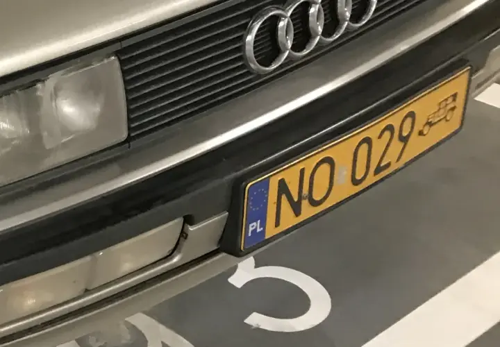 Złota tablica rejestracyjna z napisem NO 029 na zderzaku Audi.