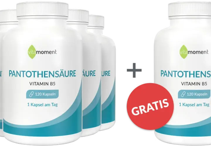 Mehrere Flaschen Pantothensäure, Vitamin B5, 120 Kapseln pro Flasche. Ein Angebot mit "Gratis" Aufkleber.