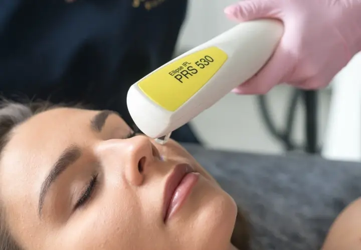 Zabiegi na naczynka na twarzy: laser IPL PRS 530 usuwa widoczne rumieńce i pajączki, przywracając skórze jednolity koloryt.