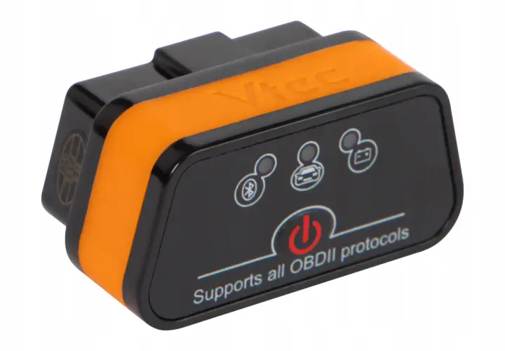 Pomarańczowo-czarny adapter OBD2 Bluetooth z ikonami Bluetooth, samochodu i baterii. Idealny wybór dla diagnostyki pojazdów.