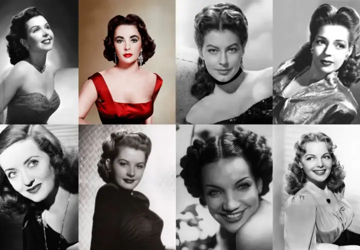 Ocho mujeres icónicas muestran elegantes peinados años 50, con rizos voluminosos y recogidos sofisticados.