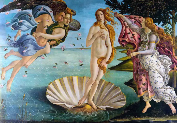 La Venere del Botticelli emerge da una conchiglia, spinta da Zefiro e accolta da una ninfa.