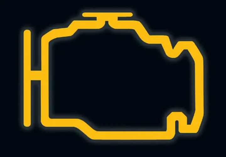 Żółta kontrolka check engine zapala się i gaśnie, sygnalizując potencjalny problem z silnikiem.
