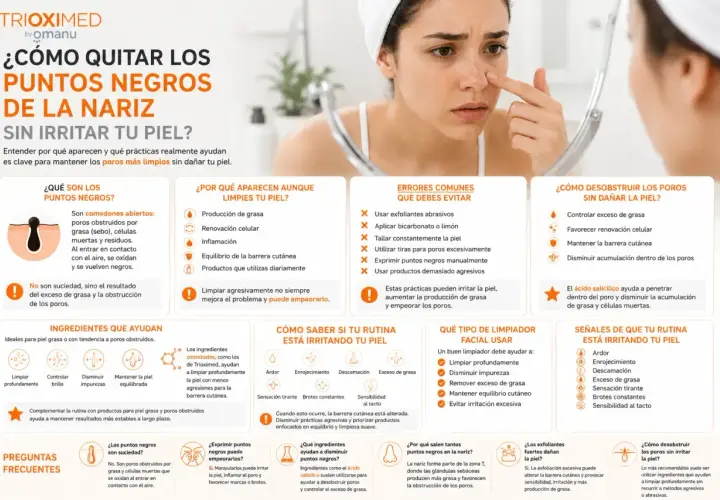 Mujer se mira en espejo, tocándose la nariz con puntos negros. Guía para quitar puntos negros sin irritar la piel.