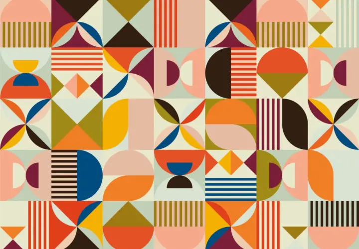 Motif géométrique coloré, parfait pour un motif wax à imprimer. Formes abstraites et lignes épurées dans des tons chauds et pastel.