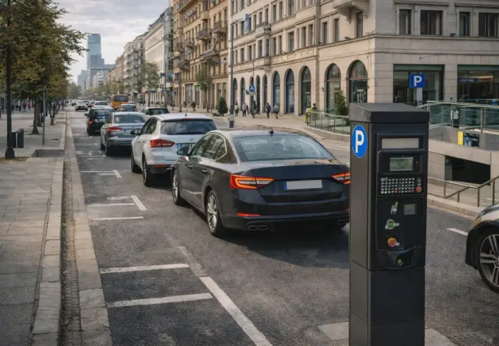 Parkomat przy ulicy, gdzie za godzinę postoju zapłacisz nawet 5 euro. W tle rząd samochodów i kamienice.