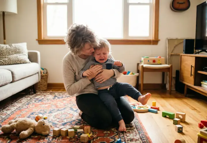 Mama tuli tulikuje, gdy dziecko nie radzi sobie z emocjami. Przytula płaczącego malucha, otoczeni zabawkami.