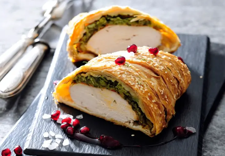 Pyszny kurczak w cieście francuskim z mozzarellą, zielonym farszem i granatem.