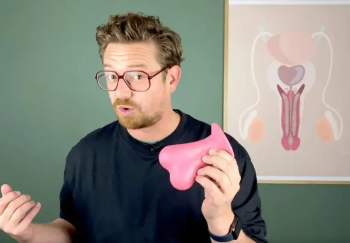 Mann mit Brille hält rosa Objekt. Im Hintergrund eine Grafik des männlichen Genitalbereichs, die Fragen zu Creatin Nebenwirkungen Hoden aufwirft.