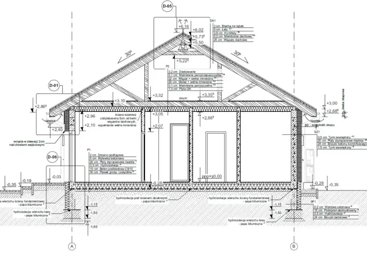 Projekt architektoniczno budowlany: przekrój poprzeczny budynku z detalami izolacji i konstrukcji dachu.