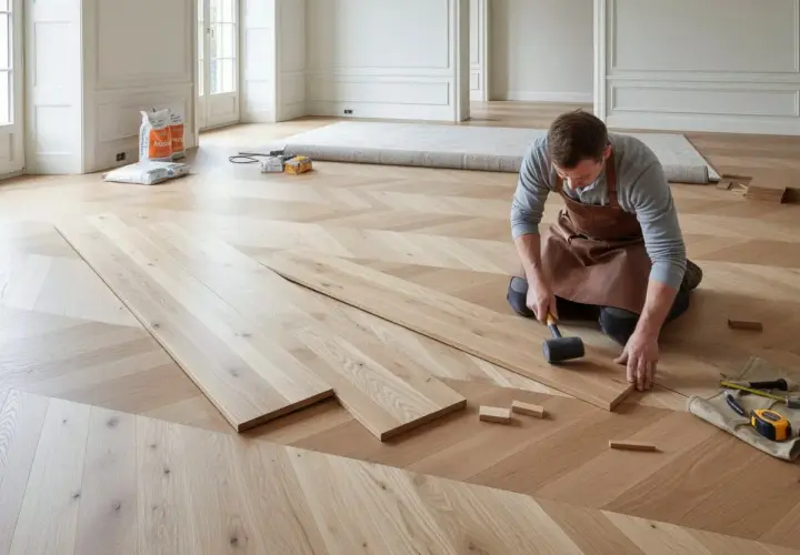 Installazione di un elegante pavimento galleggiante interno in legno, con un artigiano che posa le tavole a spina di pesce.