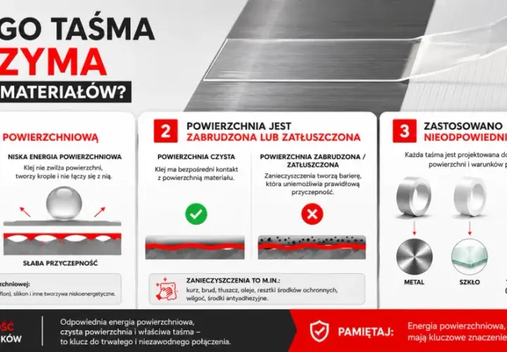 Niska energia powierzchniowa, zabrudzenia i zły dobór taśmy to przyczyny słabej przyczepności. Kluczowe są właściwości adhezyjne.