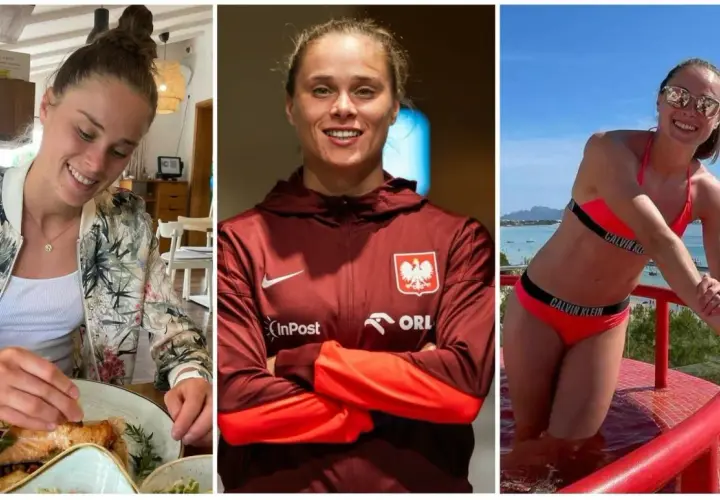Ewa Pajor, uśmiechnięta piłkarka, w stroju sportowym i bikini.