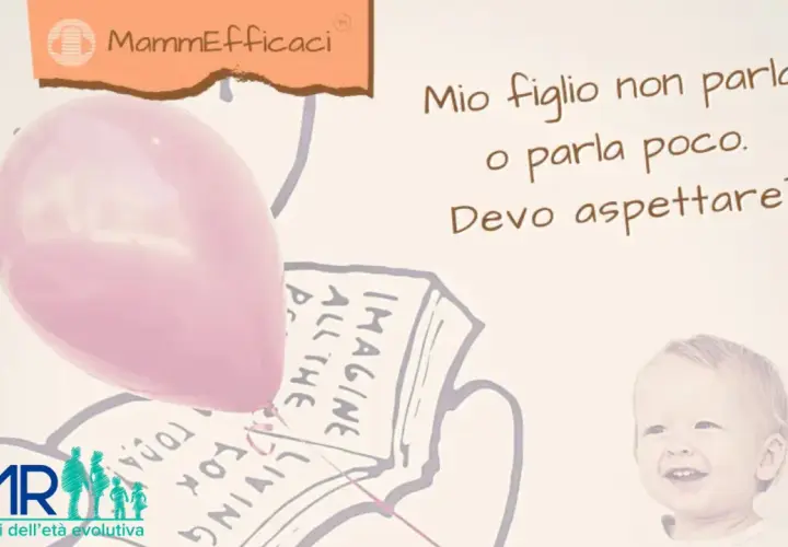 Un bambino di 2 anni non parla o parla poco? La domanda "Mio figlio non parla o parla poco. Devo aspettare?" è posta accanto a un palloncino rosa e un libro aperto.