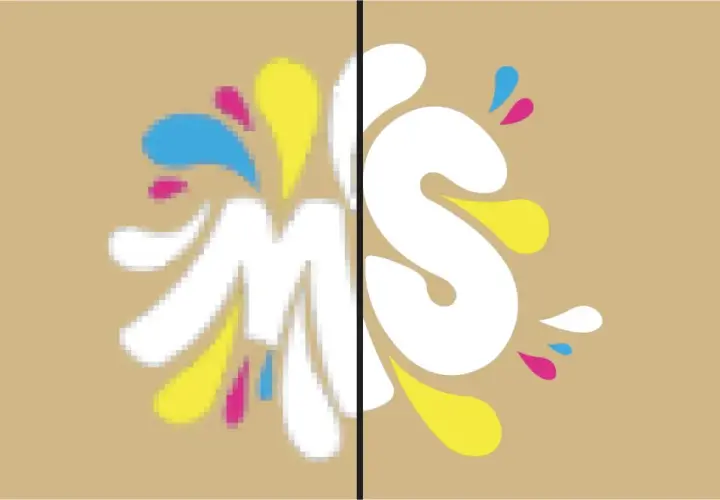 Comparaison d'un fichier d'impression pixelisé et d'un fichier vectoriel net. Le logo blanc avec des éclaboussures colorées est pixélisé à gauche et lisse à droite.
