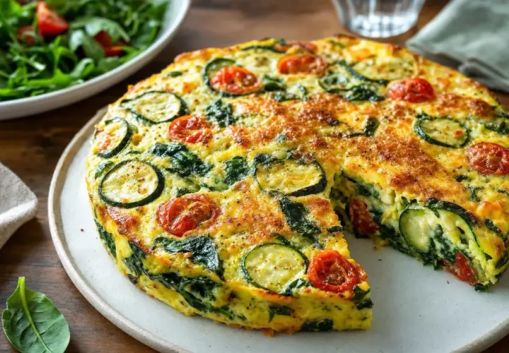 Une délicieuse quiche sans pâte courgette, épinards et tomates cerises, servie avec une salade verte.