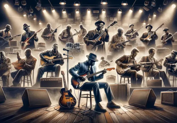 Scena pełna muzyków grających na gitarach, tworzących niesamowitą atmosferę. To z pewnością najlepsi bluesmani świata.