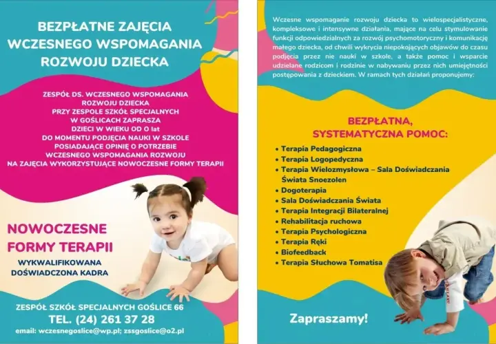 Dziecko raczkujące na różowym tle, obok tekst o wczesnym wspomaganiu rozwoju.