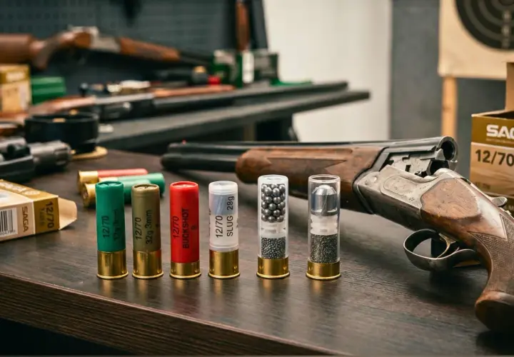 Różne rodzaje amunicji śrutowej: naboje z drobnym śrutem, śrutem typu buckshot i pociskiem typu slug, obok strzelby.