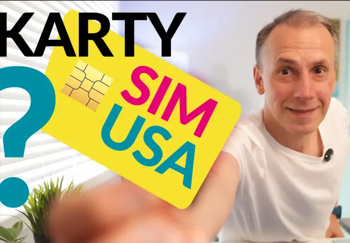 Co to jest karta SIM? Żółta karta SIM USA z napisem "SIM USA" i złotym chipem. Obok duży niebieski znak zapytania.