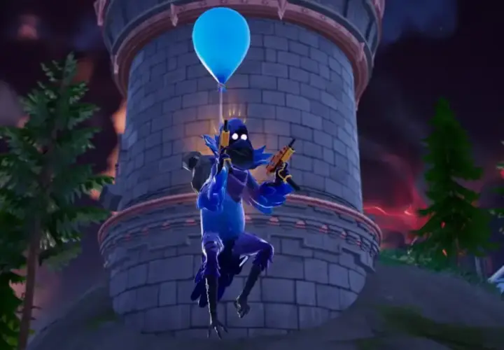Niebieski ptak z balonem i pistoletami leci na tle wieży. To pewnie urodziny Fortnite!