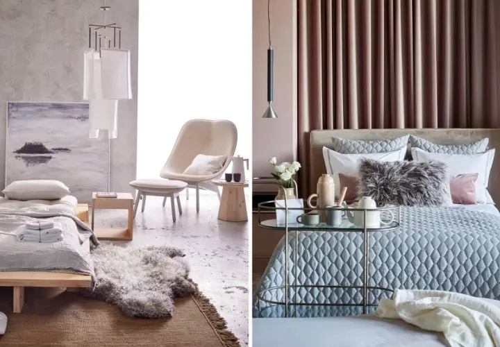 Två sovrum i ljusa toner. Till vänster ett minimalistiskt rum med träfärgad säng och konst. Till höger ett mysigt rosa sovrum med sammetsgardiner och en elegant säng.