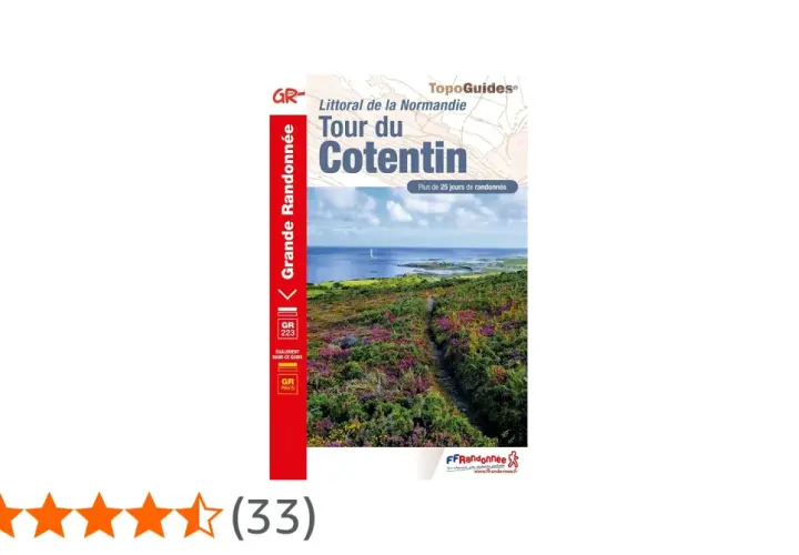 Guide de randonnée "Tour du Cotentin" avec une photo de paysage côtier normand. Plus de 25 jours de marche.
