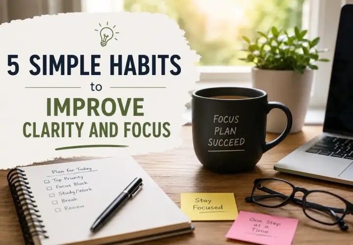 A desk setup for how to organize your mind: a notebook with a to-do list, a pen, a mug saying "Focus Plan Succeed," sticky notes, glasses, and a laptop.