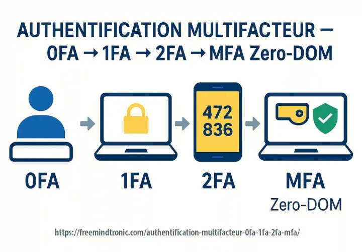 Illustration de l'évolution de l'authentification : OFA, 1FA (verrou), 2FA (téléphone avec code), MFA Zero-DOM (ordinateur avec badge de sécurité). La mfa sécurité renforce la protection.