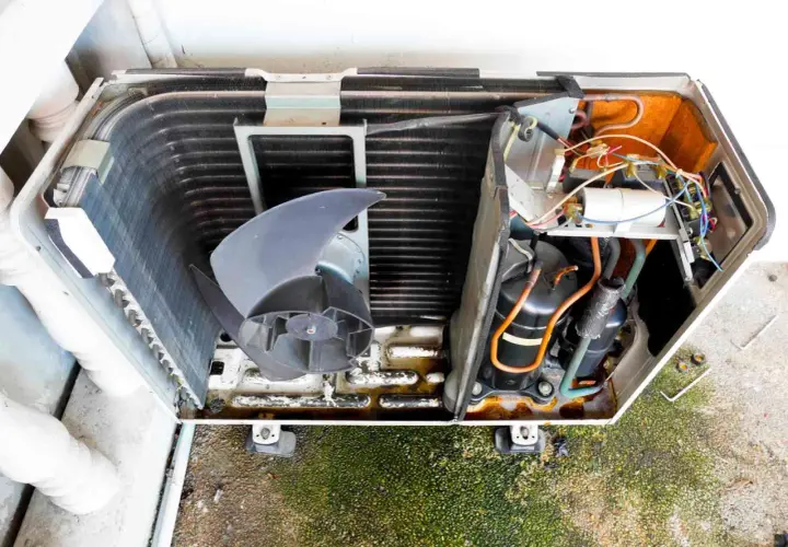 Unidad exterior de aire acondicionado abierta, mostrando el ventilador, el compresor y el cableado.