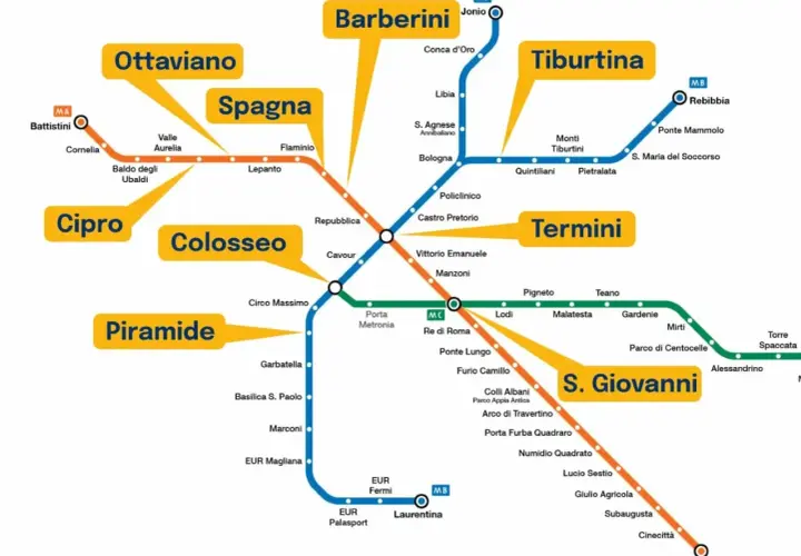 Mappa della metro di Roma con le linee A, B e C. Utile per sapere a che ora apre la metro e pianificare gli spostamenti.