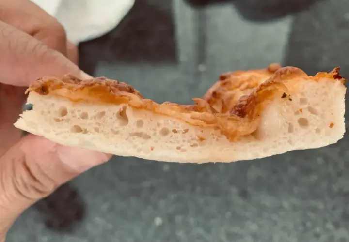 Rebanada de pizza con burbujas perfectas en la masa, dorada y crujiente.