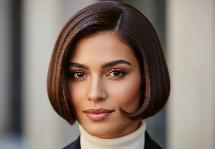 En kvinna med en elegant, mörkbrun bobfrisyr. Hon har en polerad look som kan inspirera frågan: vilken frisyr passar mig?