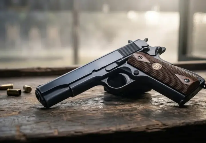 Pistolet z drewnianą okładziną i kilkoma nabojami na drewnianym stole. Spust pistoletu jest widoczny.