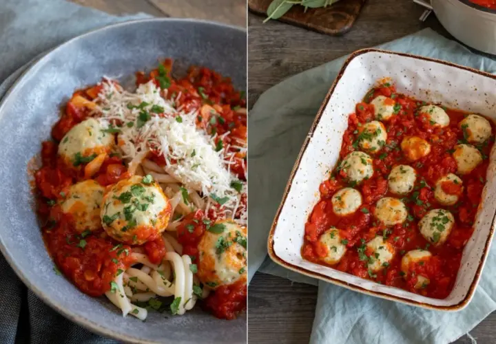 Leckeres polpette rezept: Nudeln mit Hackbällchen in Tomatensauce, garniert mit Parmesan und Petersilie. Daneben eine Auflaufform mit vielen Hackbällchen in Sauce.
