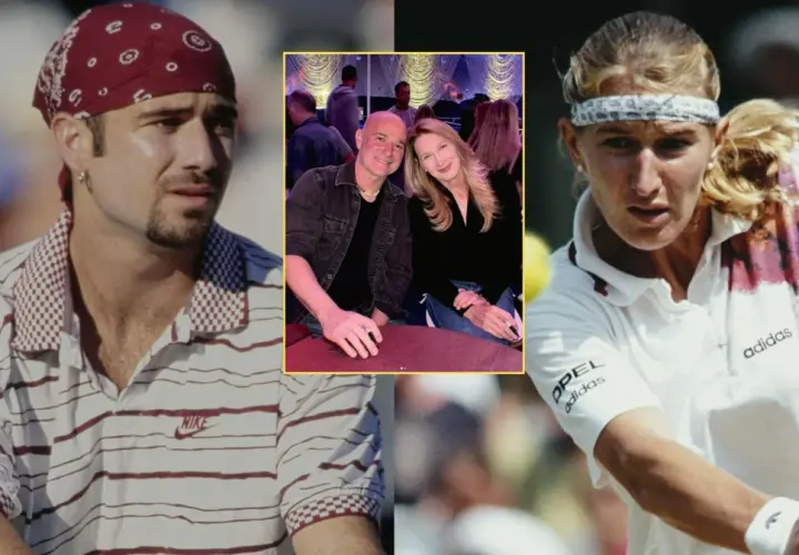Andre Agassi w bandanie i Steffi Graf w akcji. W środku para, Andre Agassi i Steffi Graf, razem.