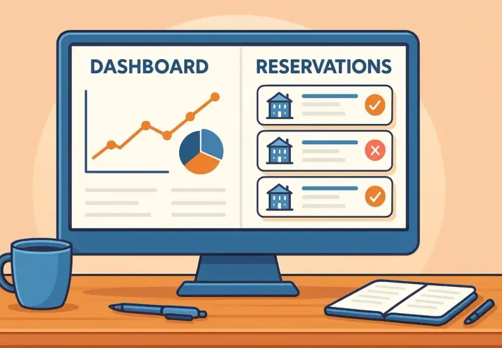 Schermo con dashboard e prenotazioni, ideale per programmi gestione alberghiera. Grafici e icone di case indicano l'efficienza.