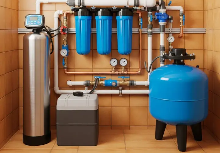 Sistema de maquina de filtro de agua con tanque de acero inoxidable, tres filtros azules y tanque de presión azul.