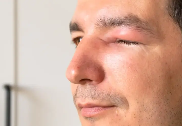 Un homme souffre d'une conjonctivite, son œil est visiblement gonflé et irrité.