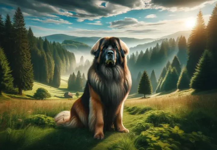 Majestatyczny pies leonberger siedzi na tle górskiego krajobrazu o wschodzie słońca.