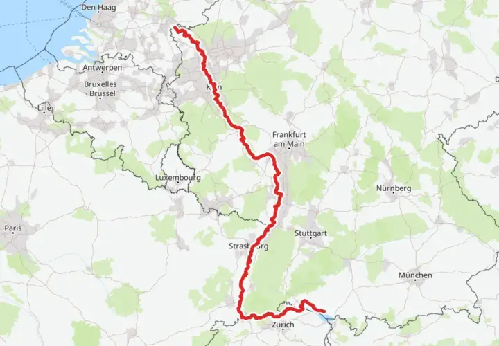 Trasa rowerowa biegnie wzdłuż rzeki Ren, łącząc Holandię, Belgię, Luksemburg, Niemcy i Szwajcarię, mijając m.in. Frankfurt i Stuttgart.