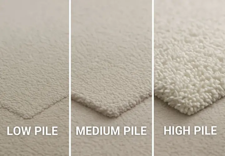 Three carpet textures: low pile, medium pile, and high pile. See the difference in fiber length and density.