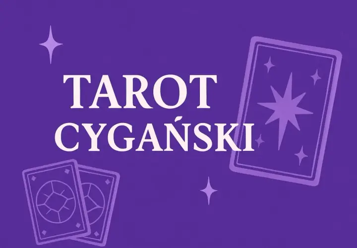 Tarot cygański magia kart. Fioletowe tło z białym napisem i stylizowanymi kartami tarota.